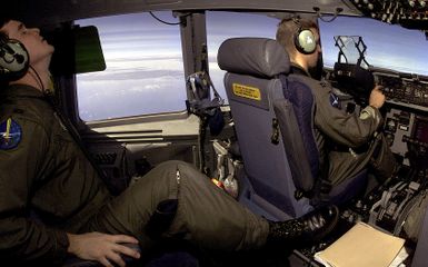 United States Air Force Captain Mike Wollet, left, and Captain Jay Clark, fly a C-17 Globemaster aircraft with humanitarian earthquake relief cargo bound for India