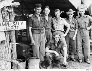 RAMU VALLEY, NEW GUINEA. 1944-02-04. A DETACHMENT OF 7TH DIVISION SALVAGE UNIT. IDENTIFIED PERSONNEL ARE: TX2997 PRIVATE D.T. DARLING (1); VX22297 PRIVATE C. WALLACE (2); TX3887 PRIVATE G.H. POLSON ..