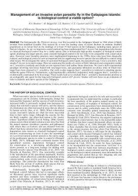 Management of an invasive avian parasitic fly in the Galapagos Islands: is biological control a viable option?