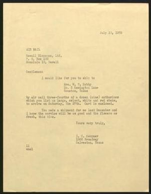 [Letter from Isaac H. Kempner to Hawaii Blossoms, July 10, 1963]
