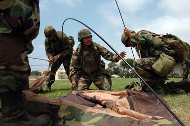 US Navy Construction Electrician 2nd Class Joselito Tanaquin (center) from Naval Mobile Construction Battalion 3, Port Hueneme, Calif. and members of his squad assemble a tent during a field exercise in Guam. More than 350 USN Seabees participated in the event designed to demonstrate their abilities in combat environment. (U.S. Navy photo by Mass Communication SPECIALIST 1ST Class Carmichael Yepez) (Released)