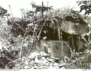 NEW BRITAIN, 1945-09. DAMAGED JAPANESE FORTIFICATION NEAR RABAUL. (RNZAF OFFICIAL PHOTOGRAPH.)