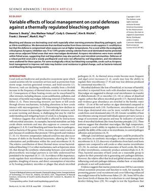 Variable effects oflocal management on coral defenses against athermally regulated bleaching pathogen.