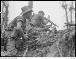 WEWAK AREA, NEW GUINEA, 1945-06-27. PTE INGLIS (1) AND PTE J. PIE (2), MEMBERS OF C COMPANY, 2/8 INFANTRY BATTALION, GIVE COVERING FIRE AGAINST JAPANESE POSITIONS ON MOUNT SHIBURANGU TO ASSIST AN ..