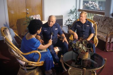 Major General (MGEN) Donald D. Brown, commander, 22nd Air Force, and MGEN Leonard W. Hegland, mobilization assistant, 22nd Air Force, are interviewed by a reporter from local television station. KVZK. They are visiting Samoa after the delivery of an emergency electrical generator and equipment by the 22nd Military Airlift Squadron