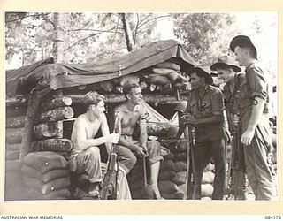 BOUGAINVILLE, SOLOMON ISLANDS. 1944-12-09. SERGEANT L. HESELHUHN, (1), AND PRIVATE C. WILLIAMS, (2), MEMBERS OF THE 182 INFANTRY REGIMENT, UNITED STATES ARMY, CHATTING WITH PTE S. PICKERING, (3); ..