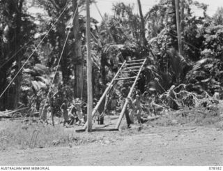 LAE, NEW GUINEA. 1945-01-03. TROOPS OF THE 19TH LINES OF COMMUNICATION SIGNALS, ASSISTED BY NEW GUINEA NATIVES ERECTING THE MAIN JURY MAST WHICH IS TO CARRY THE PERMANENT LINE BETWEEN LAE AND PORT ..