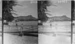 South toward Diamond Head from seaside from behind the Moana Hotel, Honolulu, Hawaiian Islands