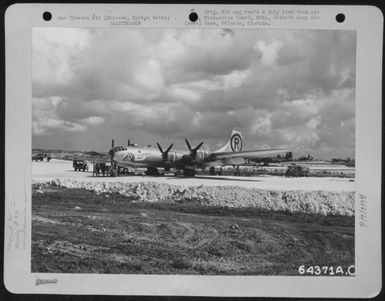 The First Boeing B-29 Superfortress 'Look Homeward Angel' To Land On Bolo Strip, Okinawa, Ryukyu Retto. Based At Guam, The Plane Was Returning From A Bombing Mission Over Japan When It Was Forced Down By Damage To The #4 Engine. (Flak Cut The Oil Line, (U.S. Air Force Number 64371AC)