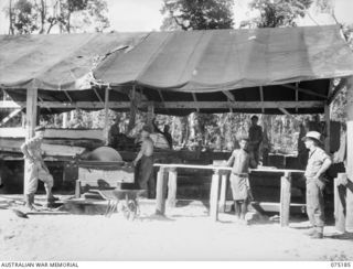 LAE, NEW GUINEA. 1944-08-11. GENERAL VIEW OF THE SAWMILL OF THE 2/3RD FORESTRY COMPANY. IDENTIFIED PERSONNEL ARE:- VX52515 CAPTAIN J.G. SAXTON (1); QX150032 SAPPER KERR (2); QX19131 LIEUTENANT E.J. ..