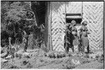 Courtship: decorated adolescent girls in front of the Cooks' house, mother and child look inside house