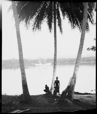 Two men standing under three palms with plantation owner E.J. Wauchope's schooner Balangot in the distance, Ramu River, New Guinea, 1935 / Sarah Chinnery