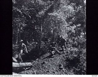 KOKODA TRAIL, NEW GUINEA 1943-12-19. UNIDENTIFIED CAMERAMEN OF CHAUVEL'S PRODUCTIONS, TROOPS OF THE 2/9TH BATTALION AND NATIVES MOVING FROM UBERI TO OWERS' CORNER IN THE OWEN STANLEY RANGES AFTER ..