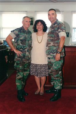 Seargent Major of the Marine Corps, Harold G. Lee, stops for a photo with the Seargent Major of Marine Forces Pacific, Bob Holub and the Commanding General's Secretary, Ramona Robertson at Camp Smith, Hawaii