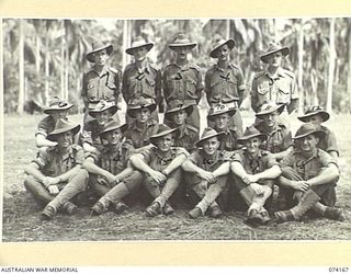 SIAR, NEW GUINEA. 1944-06-22. OFFICERS AND NON COMMISSIONED OFFICERS OF B COMPANY, 57/60TH INFANTRY BATTALION. IDENTIFIED PERSONNEL ARE:- VX81108 LIEUTENANT P.B. NINK (1); VX81074 CAPTAIN N.S. ..