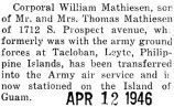 Mathiesen was transferred from Leyte in the Philippines to Guam