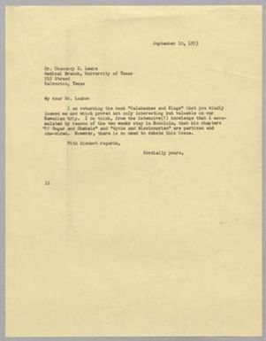 [Letter from I. H. Kempner to Chauncey D. Leake, September 10, 1953]