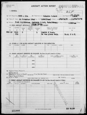 VMTB-134 - ACA Rep #134-4 - Bombing of Lighthouse on Arukaron Point, Babelthuap Is, Palau Is on 11/24/44