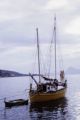 French Polynesia, sailboat anchored off shore of Tahiti Island