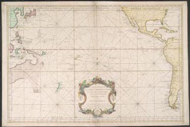 Carte reduite des mers comprises entre l'Asie et l'Amerique : apelees par les navigateurs Mer du Sud ou Mer Pacifique pour servir aux vaisseaux du Roi / dressee aux Depost des Cartes Plans et Journaux de la Marine ; par ordre de M. le Compte de Maurepas 1742 ; Dheulland, sculp