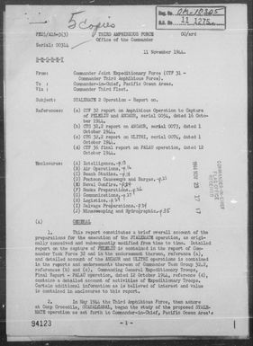 COMTASKFOR 31 - Rep of Amphibious Ops in the Seizure & Occupation of the Southern Palau Is & Ulithi Atoll, Carolines, 9/11/44 - 10/13/44