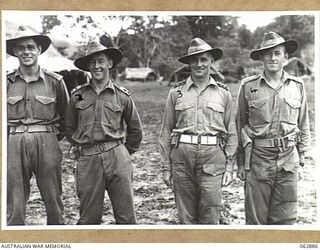 RAMU VALLEY, NEW GUINEA. 1944-01-15. OFFICERS OF THE 58/59TH INFANTRY BATTALION, 15TH INFANTRY BRIGADE. THEY ARE: NX76176 LIEUTENANT D. R. BEALE (1) VX109161 LIEUTENANT N. C. BIDGOOD (2); VX117052 ..