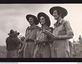 SOPUTA, NEW GUINEA. 1943-10-09. SFX3051 SISTER P. H. HAY OF HARROGATE, SA (LEFT), SFX3055 SISTER M. S. GOLDSMITH OF NORTH ADELAIDE, SA(CENTRE) AND NFX70425 SISTER E. W. BROADSTOCK OF WOOLLAHRA, ..