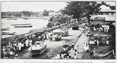 Apia en fete for king's birthday celebrations: procession of gaily-decorated vehicles