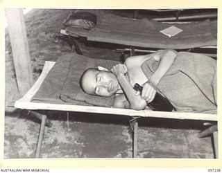 BOUGAINVILLE. 1945-09-28. A JAPANESE SOLDIER IN BED. SICK AND WOUNDED PATIENTS ARE BEING CARED FOR BY JAPANESE MEDICAL OFFICIALS UNDER 7 FIELD AMBULANCE SUPERVISION. WHEN THE SICK ARE DECLARED FIT ..