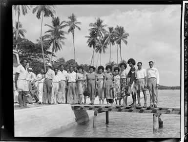 Group on the wharf at Malan Anchorage, Vanua Levu, Fiji