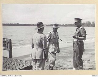 MOTUPENA POINT, BOUGAINVILLE, 1945-07-04. HIS ROYAL HIGHNESS, THE DUKE OF GLOUCESTER, GOVERNOR-GENERAL OF AUSTRALIA (2), MEETING MAJOR-GENERAL W. BRIDGEFORD, GENERAL OFFICER COMMANDING 3 DIVISION ..