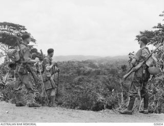 PAPUA, NEW GUINEA. 1942-10. AUSTRALIAN SOLDIERS STOP ON EORIBAIWA RIDGE TO LOOK AT THE SCENERY TOWARDS KOKODA