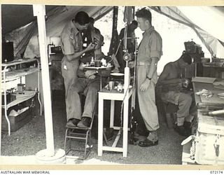 PORT MORESBY, NEW GUINEA. 1944-04-10. THE INTERIOR OF A DENTAL SECTION SITUATED NEAR THE 11TH ADVANCED WORKSHOP, AUSTRALIAN ELECTRICAL AND MECHANICAL ENGINEERS