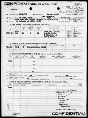 VMSB-331 - ACA Report #222 - Bombing and strafing attack on islands of Mille Atoll, Marshall Islands on 6/26/1945