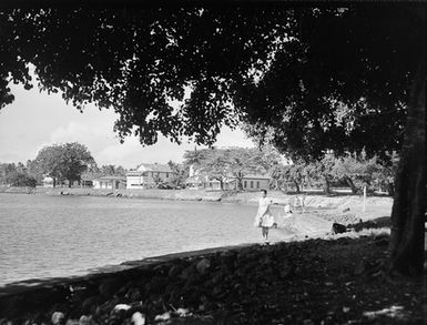 [View of dwellings, Pacific island women, and a body of water]