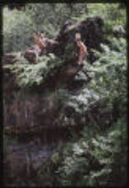 Man and woman dive off cliff, Oahu, Hawaii, April 1989