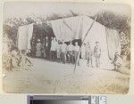 Crew of wrecked schooner by temporary shelter, Malo, 1887