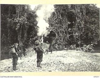 MALALAMAI, YAGOMAI, NEW GUINEA, 1944-02-10. MEMBER OF "D" COMPANY 30TH INFANTRY BATTALION, SIGNALLING BY VEREY LIGHT AS THEY LINK WITH ADVANCING AMERICAN TROOPS