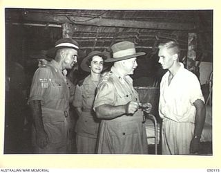 AITAPE, NEW GUINEA. 1945-03-20. GENERAL SIR THOMAS A. BLAMEY, COMMANDER-IN-CHIEF, ALLIED LAND FORCES, SOUTH WEST PACIFIC AREA (2), TALKING TO PRIVATE A. COOPER (3), WHILE VISITING PATIENTS AT 2/11 ..