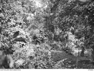 SAMPUN AREA, NEW BRITAIN. 1945-01-16. PERSONNEL OF THE 12TH FIELD COMPANY, USING A BULLDOZER DURING THE CONSTRUCTION OF A ROAD OVER KAULUM CREEK TO COMPLETE THE SAMPUN- KALAMPUN ROAD. IDENTIFIED ..