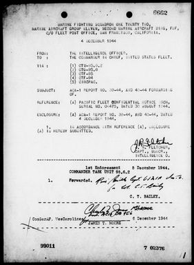 VMF-122 - ACA Reps Nos 39-40 - Bombing & Strafing Yap Is, Carolines & Babelthuap Is, Palau Is on 12/4/44