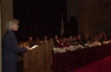 Secretary Gale Norton speaking at meeting of the U.S. Coral Reef Task Force in Washington, D.C. Norton was among officials from 12 federal agencies, 7states and territories, as well as the Marshall Islands, Micronesia, and Palau, discussing projects to improve conservation and management of coral reefs, the impact of climate change, international trade issues, and other matters