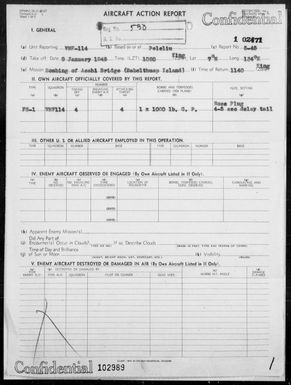 VMF-114 - ACA Report #5-45 - Bombing of Asahi Bridge, Babelthuap Island, & Strafing Barges in the Palau Islands on 1/9/45