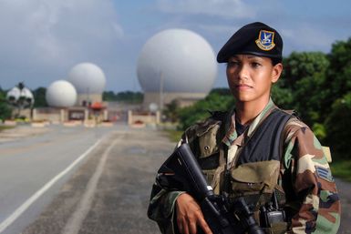 Guam Air National Guard (GUANG) SENIOR AIRMAN (SRA) Maria Ronquillo, 254th Security Forces Squadron (SFS), patrols the perimeter of Detachment 5, 22nd Space Operations Squadron (SOPS), Andersen Air Force Base (AFB), Guam (GU)