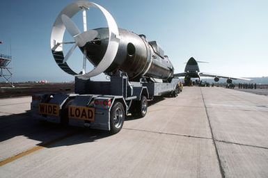 A starboard quarter view of the deep submergence rescue vehicle AVALON (DSRV-2) on a trailer. The AVALON will be loaded aboard an Air Force C-5A Galaxy aircraft from the 60th Military Airlift Wing (MAW-60). The AVALON is en route to Hawaii as part of a DSRV fly-away exercise to train personnel in the handling and operation of the vehicle