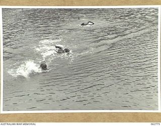 KUBA LAKE, RAMU VALLEY, NEW GUINEA. 1943-12-25. NX141901 LIEUTENANT D. W. THOMAS WINNING THE 150 YARDS EVENT AT THE CHRISTMAS CARNIVAL AND REGATTA ORGANISED BY MEMBERS OF THE 2/14TH INFANTRY ..