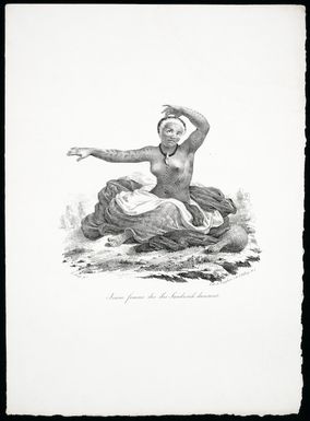 Arago, Jacques Etienne Victor, 1790-1854 :Jeune femme des iles Sandwich dansant. Js Arago fect.; Lith de Langlume et de l'Abbaye N 4 [? From his "Promenade autour du monde, pendant les annees 1817, 1818, 1819 et 1820". Paris, Leblanc, 1822]