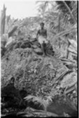 Man on shrine on top of coral outcropping