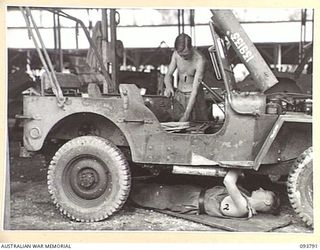 PALMALMAL PLANTATION, JACQUINOT BAY, NEW BRITAIN, 1945-06-06. SERGEANT D. PARKER (1) AND CRAFTSMAN D. WATTS (2), MEMBERS OF 1 INFANTRY TROOPS WORKSHOP BOLTING A RE-CONDITIONED BODY OF A JEEP ON TO ..