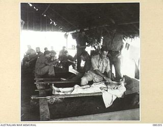 VX65677 CAPTAIN J.G. MCMAHON, 2/11TH GENERAL HOSPITAL, AUSTRALIAN ARMY MEDICAL CORPS ( ), EXAMINES A PATIENT FOR SYMPTONS OF SCRUB TYPHUS